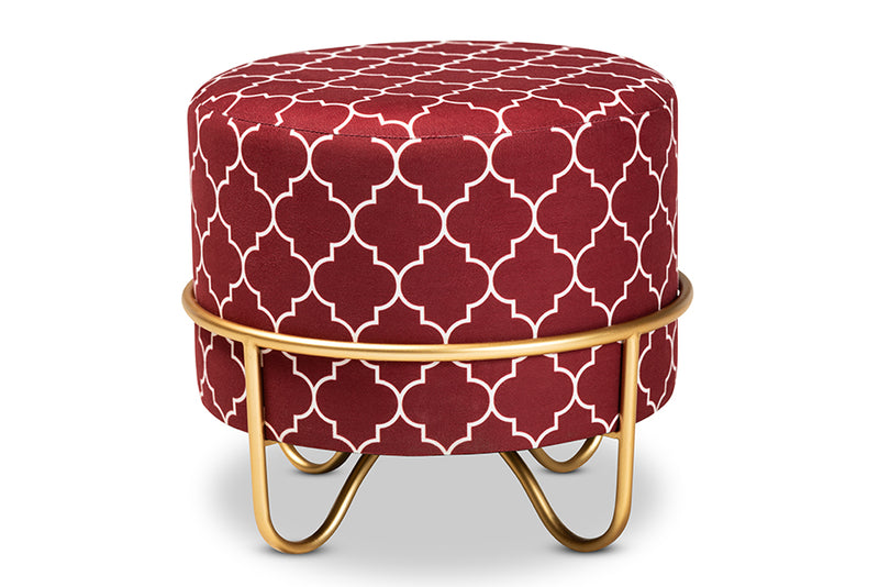 Baxton Studio Candice Glam and Luxe Red Quatrefoil Velvet Fabric Upholstered Gold Finished Metal Ottoman