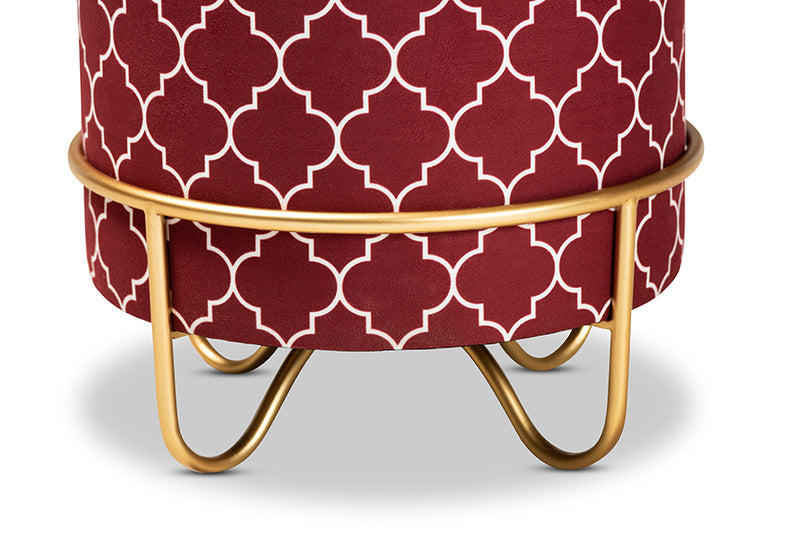 Baxton Studio Candice Glam and Luxe Red Quatrefoil Velvet Fabric Upholstered Gold Finished Metal Ottoman
