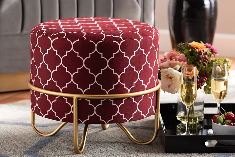 Baxton Studio Candice Glam and Luxe Red Quatrefoil Velvet Fabric Upholstered Gold Finished Metal Ottoman