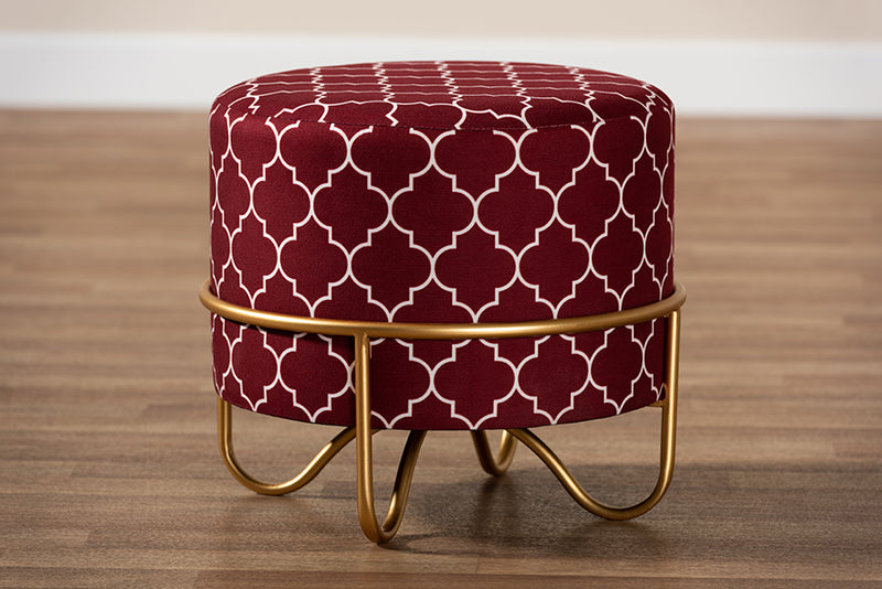 Baxton Studio Candice Glam and Luxe Red Quatrefoil Velvet Fabric Upholstered Gold Finished Metal Ottoman