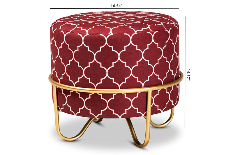 Baxton Studio Candice Glam and Luxe Red Quatrefoil Velvet Fabric Upholstered Gold Finished Metal Ottoman