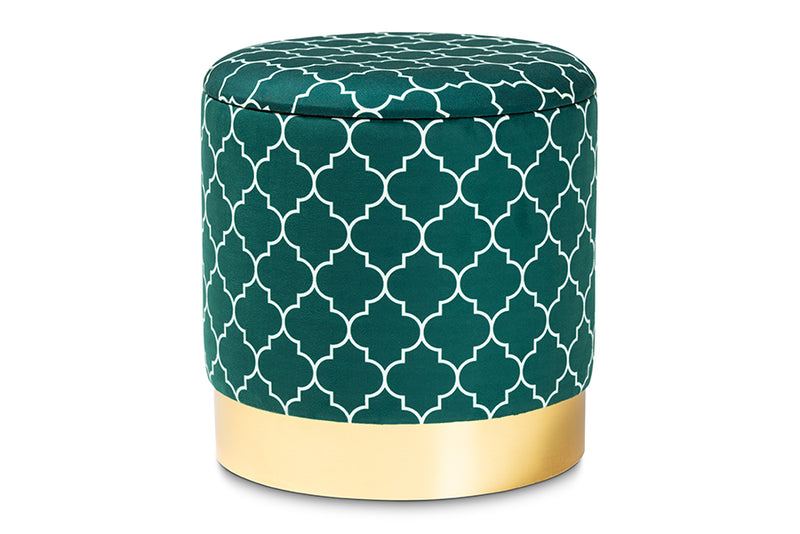 Baxton Studio Serra Glam and Luxe Teal Green Quatrefoil Velvet Fabric Upholstered Gold Finished Metal Storage Ottoman