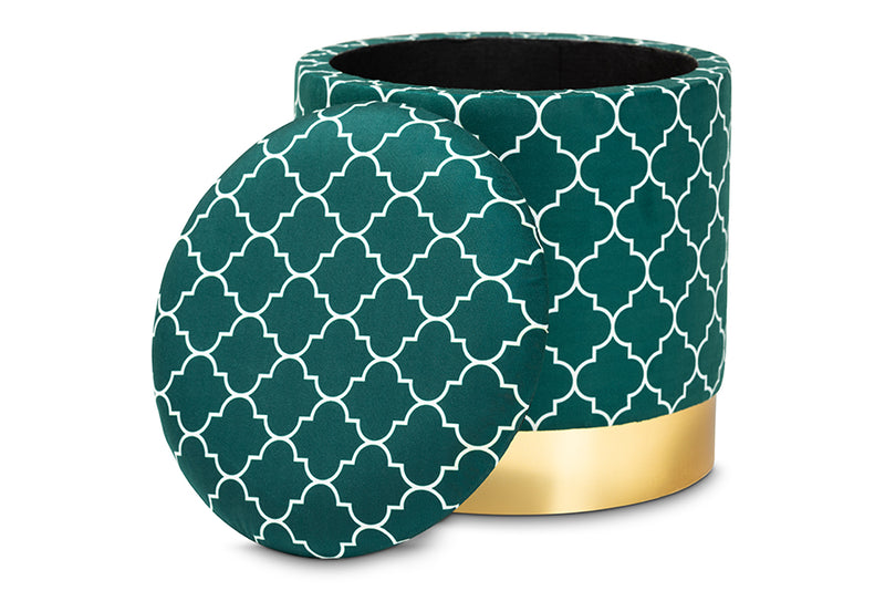 Baxton Studio Serra Glam and Luxe Teal Green Quatrefoil Velvet Fabric Upholstered Gold Finished Metal Storage Ottoman