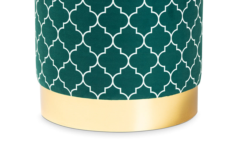 Baxton Studio Serra Glam and Luxe Teal Green Quatrefoil Velvet Fabric Upholstered Gold Finished Metal Storage Ottoman