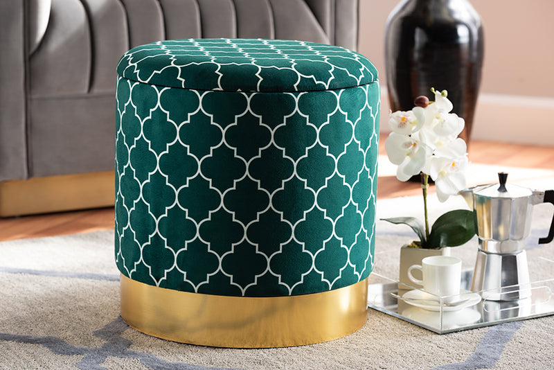 Baxton Studio Serra Glam and Luxe Teal Green Quatrefoil Velvet Fabric Upholstered Gold Finished Metal Storage Ottoman