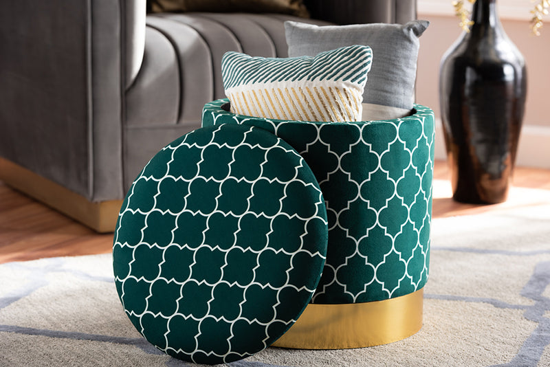 Baxton Studio Serra Glam and Luxe Teal Green Quatrefoil Velvet Fabric Upholstered Gold Finished Metal Storage Ottoman