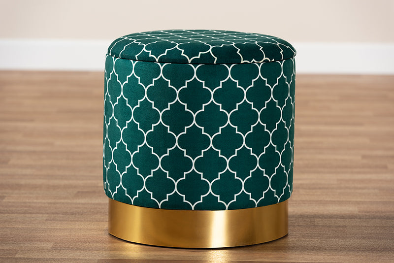 Baxton Studio Serra Glam and Luxe Teal Green Quatrefoil Velvet Fabric Upholstered Gold Finished Metal Storage Ottoman
