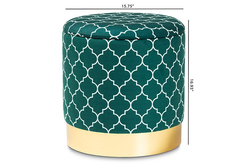 Baxton Studio Serra Glam and Luxe Teal Green Quatrefoil Velvet Fabric Upholstered Gold Finished Metal Storage Ottoman