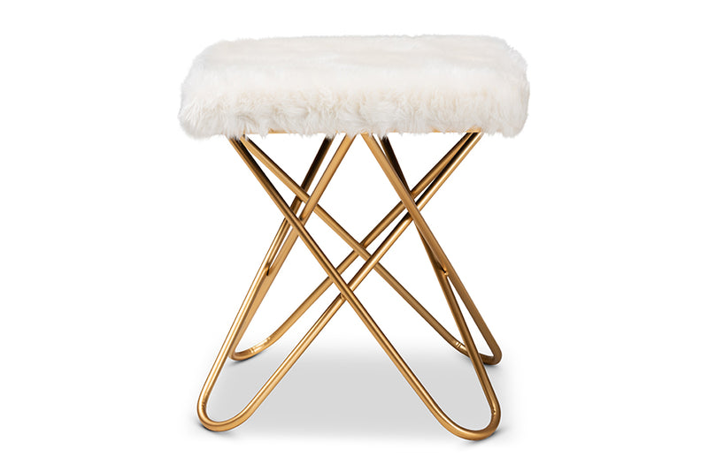 Baxton Studio Valle Glam and Luxe White Faux Fur Upholstered Gold Finished Metal Ottoman
