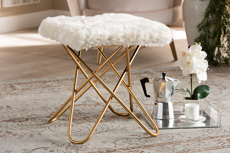 Baxton Studio Valle Glam and Luxe White Faux Fur Upholstered Gold Finished Metal Ottoman