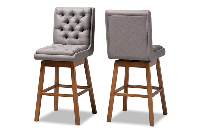 Baxton Studio Gregory Modern Transitional Grey Fabric Upholstered and Walnut Brown Finished Wood 2-Piece Swivel Bar Stool Set Set