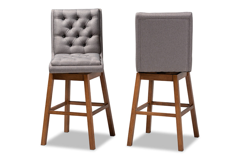 Baxton Studio Gregory Modern Transitional Grey Fabric Upholstered and Walnut Brown Finished Wood 2-Piece Swivel Bar Stool Set Set