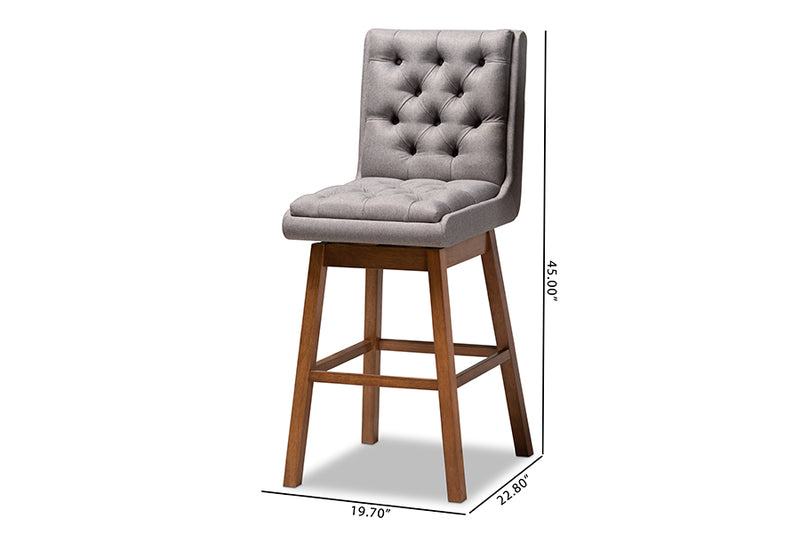 Baxton Studio Gregory Modern Transitional Grey Fabric Upholstered and Walnut Brown Finished Wood 2-Piece Swivel Bar Stool Set Set