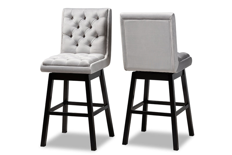 Baxton Studio Gregory Modern Transitional Light Grey Velvet Fabric Upholstered and Dark Brown Finished Wood 2-Piece Swivel Bar Stool Set Set