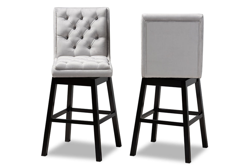 Baxton Studio Gregory Modern Transitional Light Grey Velvet Fabric Upholstered and Dark Brown Finished Wood 2-Piece Swivel Bar Stool Set Set