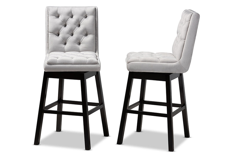 Baxton Studio Gregory Modern Transitional Light Grey Velvet Fabric Upholstered and Dark Brown Finished Wood 2-Piece Swivel Bar Stool Set Set