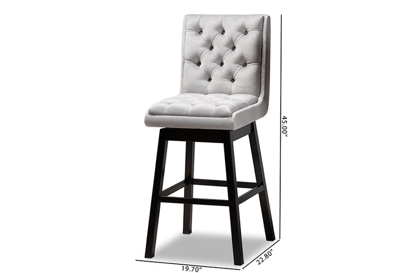 Baxton Studio Gregory Modern Transitional Light Grey Velvet Fabric Upholstered and Dark Brown Finished Wood 2-Piece Swivel Bar Stool Set Set