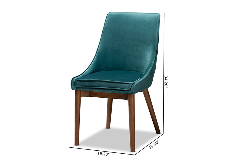 Baxton Studio Gilmore Modern and Contemporary Teal Velvet Fabric Upholstered and Walnut Brown Finished Wood 2-Piece Dining Chair Set Set