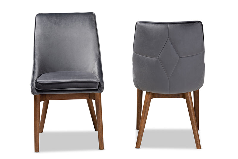 Baxton Studio Gilmore Modern and Contemporary Grey Velvet Fabric Upholstered and Walnut Brown Finished Wood 2-Piece Dining Chair Set Set