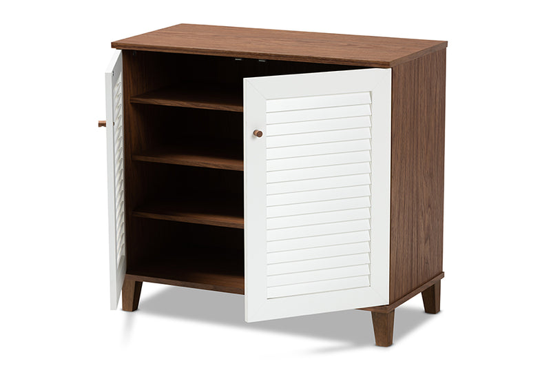 Baxton Studio Coolidge Modern and Contemporary White and Walnut Finished 4-Shelf Wood Shoe Storage Cabinet