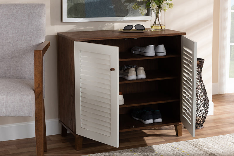 Baxton Studio Coolidge Modern and Contemporary White and Walnut Finished 4-Shelf Wood Shoe Storage Cabinet