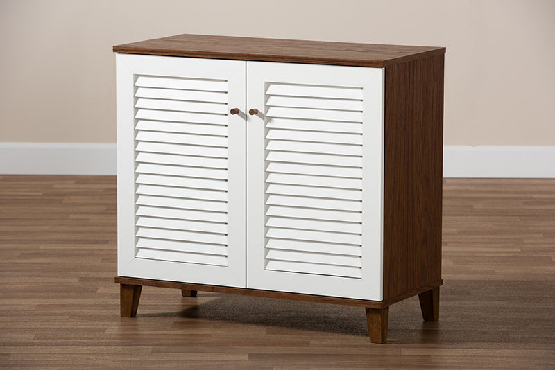 Baxton Studio Coolidge Modern and Contemporary White and Walnut Finished 4-Shelf Wood Shoe Storage Cabinet