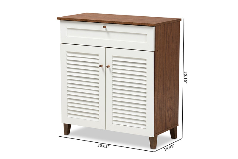 Baxton Studio Coolidge Modern and Contemporary White and Walnut Finished 4-Shelf Wood Shoe Storage Cabinet with Drawer