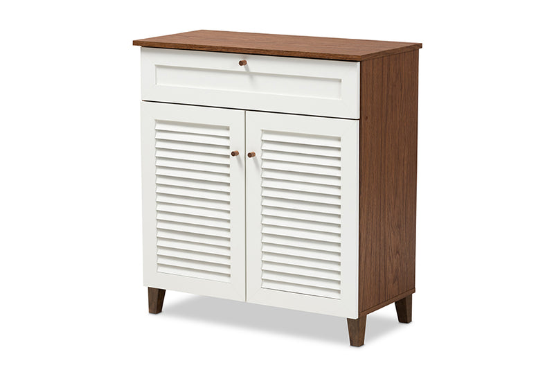 Baxton Studio Coolidge Modern and Contemporary White and Walnut Finished 4-Shelf Wood Shoe Storage Cabinet with Drawer