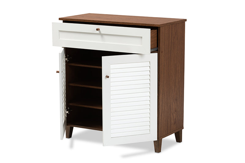 Baxton Studio Coolidge Modern and Contemporary White and Walnut Finished 4-Shelf Wood Shoe Storage Cabinet with Drawer