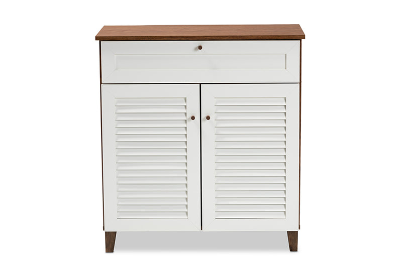 Baxton Studio Coolidge Modern and Contemporary White and Walnut Finished 4-Shelf Wood Shoe Storage Cabinet with Drawer