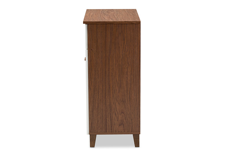 Baxton Studio Coolidge Modern and Contemporary White and Walnut Finished 4-Shelf Wood Shoe Storage Cabinet with Drawer