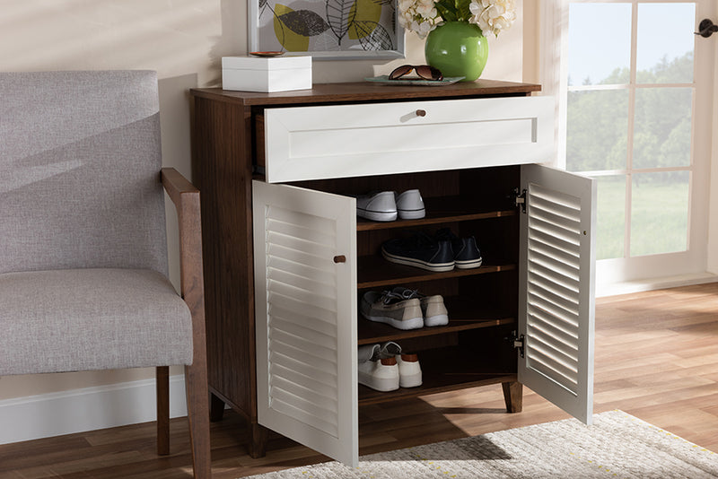 Baxton Studio Coolidge Modern and Contemporary White and Walnut Finished 4-Shelf Wood Shoe Storage Cabinet with Drawer