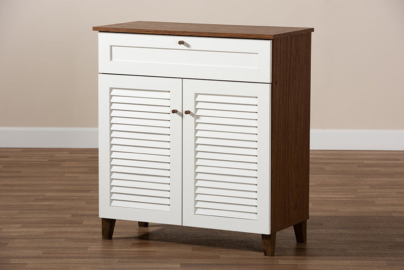 Baxton Studio Coolidge Modern and Contemporary White and Walnut Finished 4-Shelf Wood Shoe Storage Cabinet with Drawer