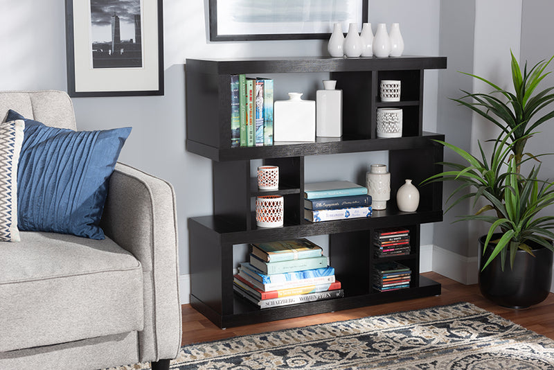 Baxton Studio Dora Modern and Contemporary Dark Brown Finished Wood 3-Tier Geometric Bookshelf