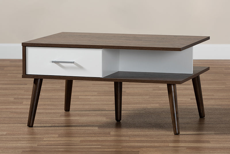 Baxton Studio Merlin Mid-Century Modern Two-Tone Walnut and White Finished 2-Drawer Wood Coffee Table