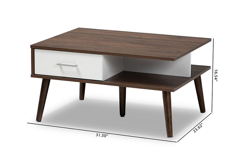 Baxton Studio Merlin Mid-Century Modern Two-Tone Walnut and White Finished 2-Drawer Wood Coffee Table