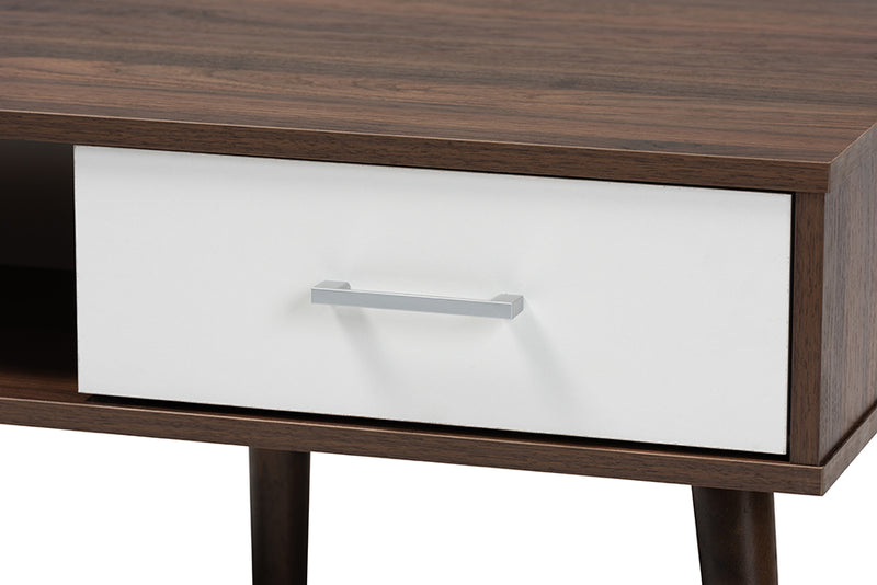 Baxton Studio Merlin Mid-Century Modern Two-Tone Walnut and White Finished 2-Drawer Wood Coffee Table
