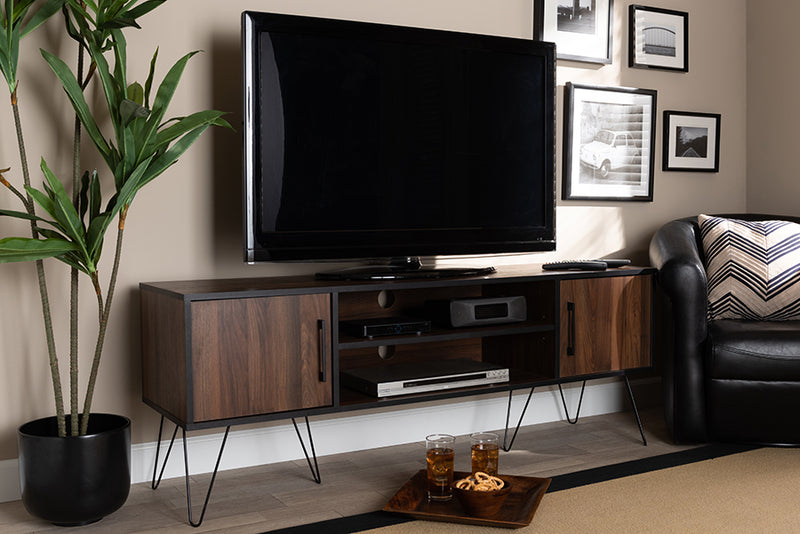 Baxton Studio Corina Mid-Century Modern Two-Tone Walnut and Black Finished Wood TV Stand