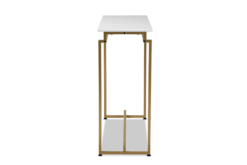 Baxton Studio Renzo Modern and Contemporary Brushed Gold Finished Metal Console Table with Faux Marble Tabletop