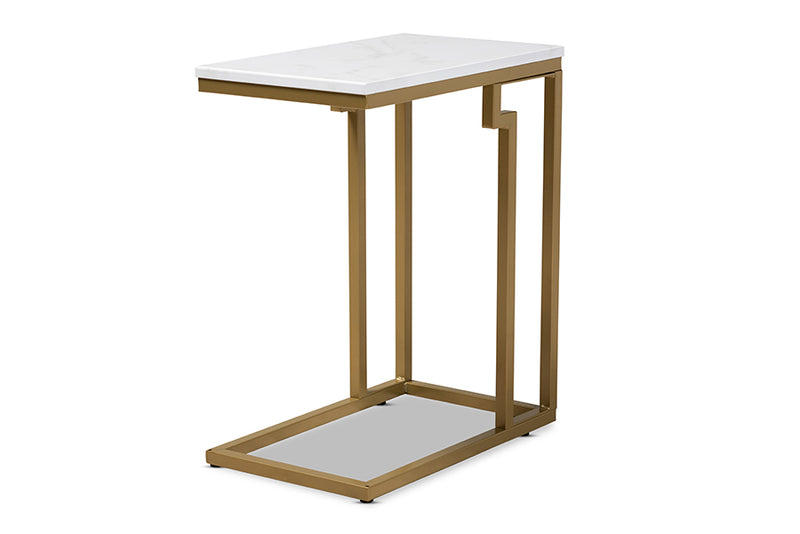 Baxton Studio Renzo Modern and Contemporary Brushed Gold Finished Metal End Table with Faux Marble Tabletop