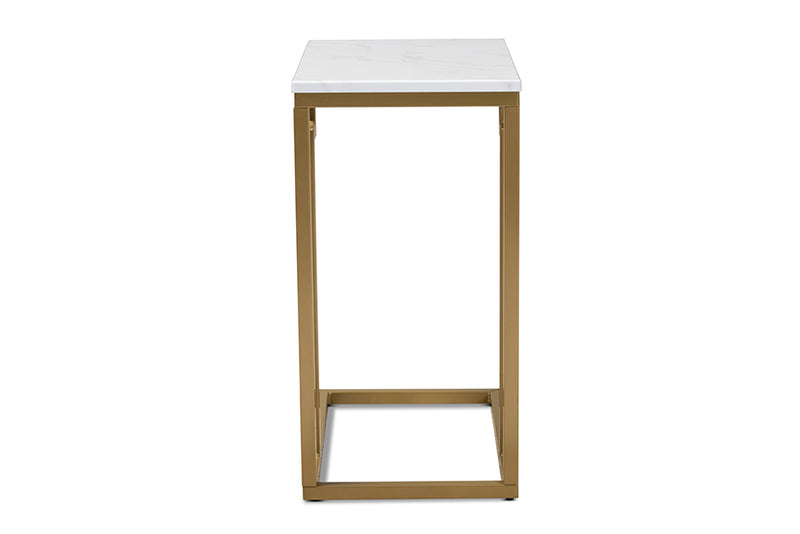 Baxton Studio Renzo Modern and Contemporary Brushed Gold Finished Metal End Table with Faux Marble Tabletop