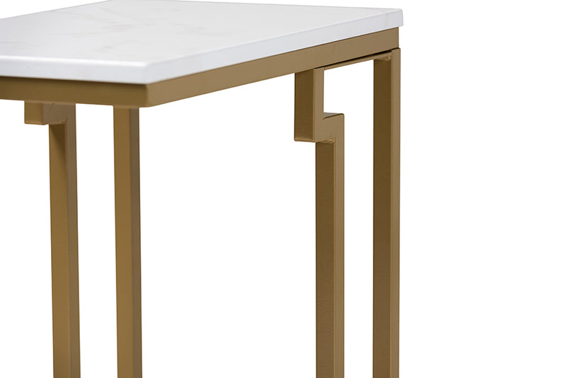 Baxton Studio Renzo Modern and Contemporary Brushed Gold Finished Metal End Table with Faux Marble Tabletop
