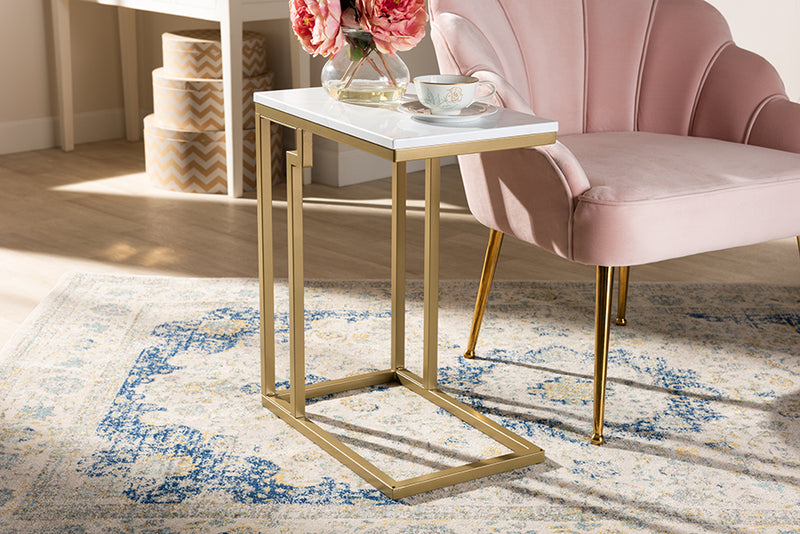Baxton Studio Renzo Modern and Contemporary Brushed Gold Finished Metal End Table with Faux Marble Tabletop