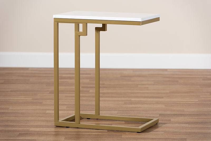 Baxton Studio Renzo Modern and Contemporary Brushed Gold Finished Metal End Table with Faux Marble Tabletop