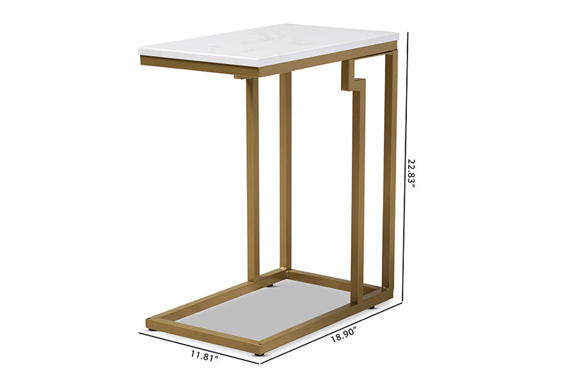 Baxton Studio Renzo Modern and Contemporary Brushed Gold Finished Metal End Table with Faux Marble Tabletop