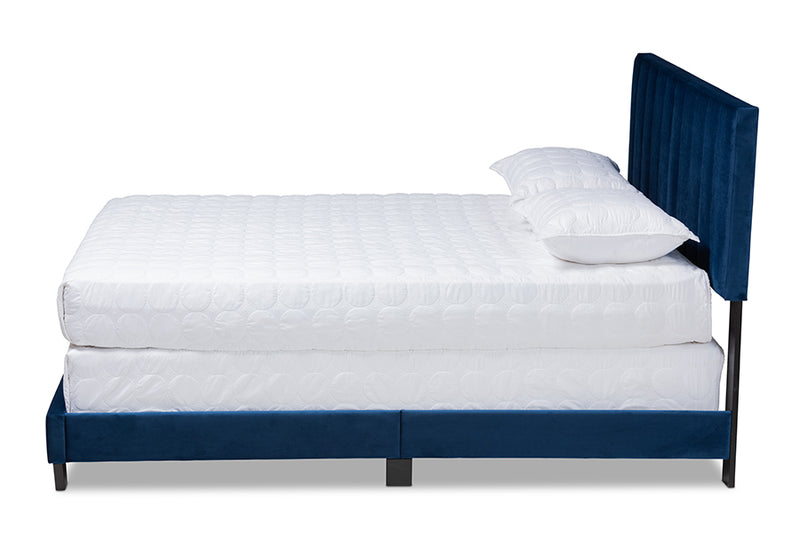 Baxton Studio Clare Glam and Luxe Navy Blue Velvet Fabric Upholstered Queen Size Panel Bed with Channel Tufted Headboard