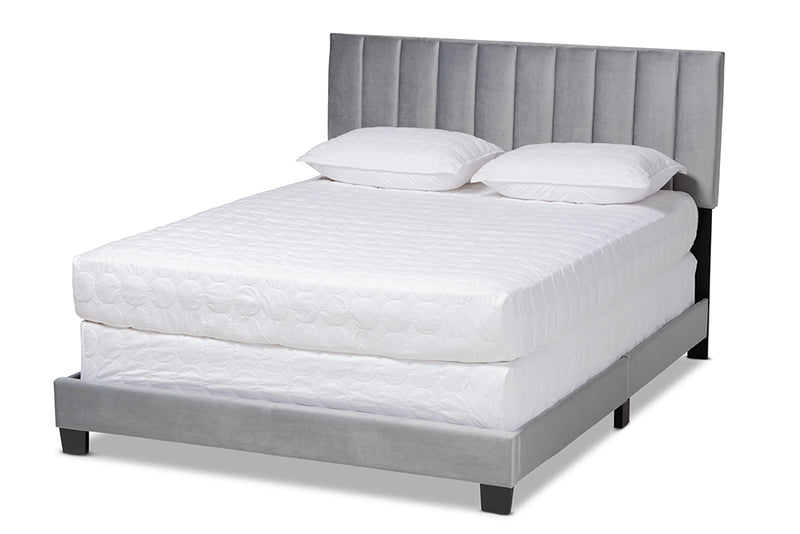 Baxton Studio Clare Glam and Luxe Grey Velvet Fabric Upholstered Queen Size Panel Bed with Channel Tufted Headboard