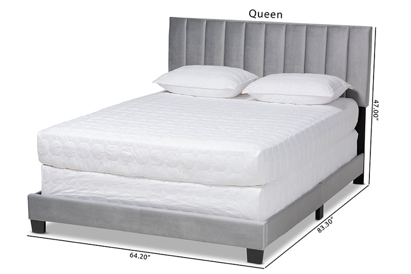 Baxton Studio Clare Glam and Luxe Grey Velvet Fabric Upholstered Full Size Panel Bed with Channel Tufted Headboard