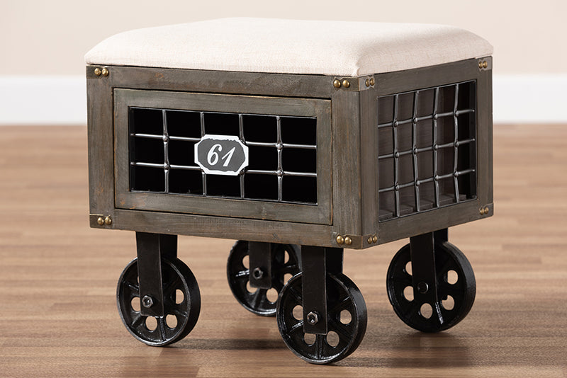 Baxton Studio Harley Transitional Rustic Farmhouse Beige Fabric Upholstered Antique Distressed Wood and Black Metal 1-Drawer Wheeled Storage Ottoman