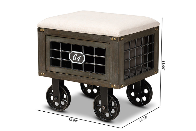Baxton Studio Harley Transitional Rustic Farmhouse Beige Fabric Upholstered Antique Distressed Wood and Black Metal 1-Drawer Wheeled Storage Ottoman